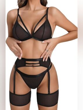 Popiv 4-Piece Lingerie Set with Garter Belt Bra Panty Thigh Cuffs XL NWT! $45